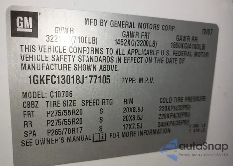 2008 GMC Yukon Slt from USA, damaged, VIN 1GKFC13018J177105